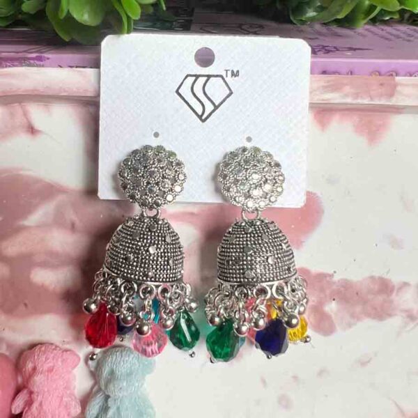 Silver Oxidized Jhumka Earrings with Multicolored Beads DRE46