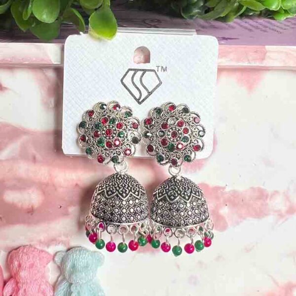 Silver Oxidized Jhumka Earrings with Multicolored Beads mini DRE50
