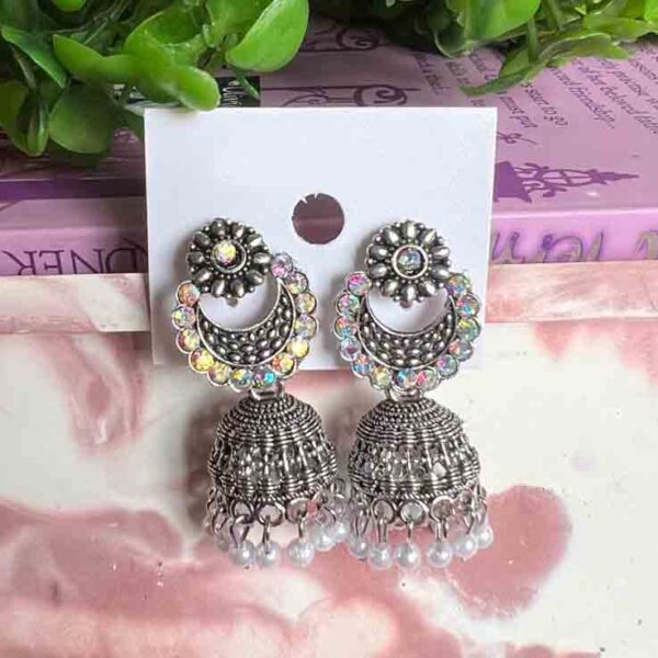 Silver Oxidized Chandbali Jhumka Earrings with Pearl and Multicolor Stone Detailing DRE51