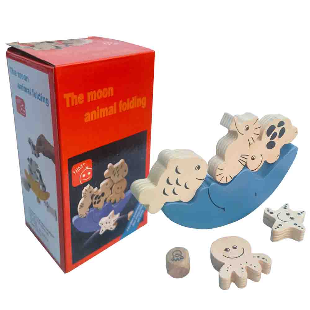 Wooden Moon Balancing Toy for Kids - Animal Stacking Game with character dice