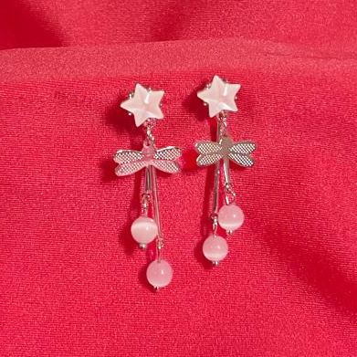 Western Beautiful Korean Dragonfly, star stud with pearl drop Earrings for Women and Girls -Silver DRE68